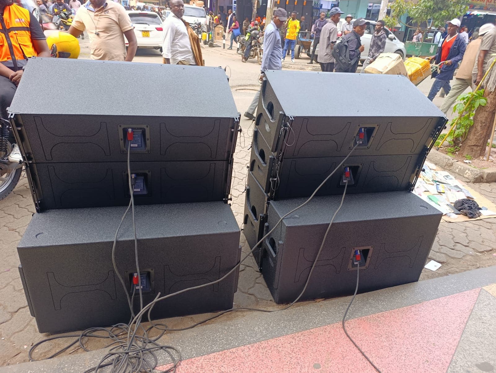 Outdoor speaker stack prepared for an event